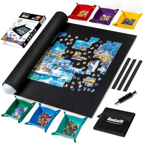 Becko US 2000 Piece Puzzle Mat Roll Up with 6 Sorting Trays & Storage Bag & Black Pump, Jigsaw Felt Mat for Easy Transport & Storage, Portable Puzzle Saver for 2000 1500 1000 Pieces Jigsaw Puzzles