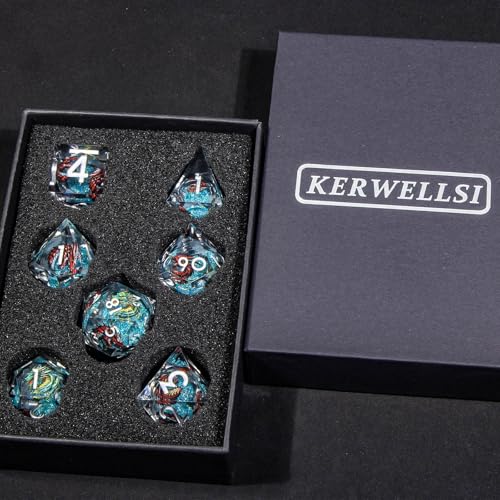 KERWELLSI Liquid Core Dragons Pattern Dice, Resin DND Dice Set with Gift Box, Blue Sharp Edged Dungeons D&D Dice, Role Playing Game Dice D20 D12 D10 D8 D6 D4 - color: Blue