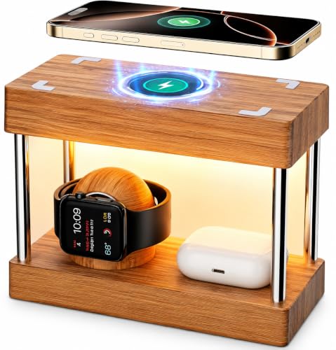Nightstand Charging Station, 4 in 1 Bamboo Wireless Charging Station for Multiple Devices, Bedside Lamp Charger for iPhone/AirPods/iWatch, Birthday Gifts - color: Wireless Charging Station With Light