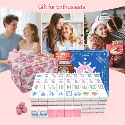 American Mahjong Tile Set, 166 Tiles (1.2”), Cute Mini Mahjong Tiles- Pink | Mahjong Tile Set with Carrying Bag, Dice, Mat, Portable Travel Complete Game Set for Home Outdoor Enthusiast Gift - color: Pink