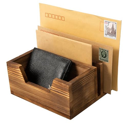Rustic Brown Wooden Mail Organizer Key Holder Entryway Table Office Desk Multiple Letter Trays Daily Essentials Storage Bin Solid Wood Letter Document File Rectangular Sorter Accessories Home