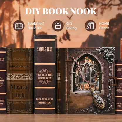 MiniCity Book Nook Kit, DIY Miniature House Kit for Adults, Teens and Beginners, Dollhouse Booknook Library Tiny House Bookshelf Decor (Introduction to Magical Flight) | Open the book-style case to reveal a flight academy; 154-piece LED model includes dus