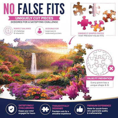 Hawaiian Waterfall Puzzles for Adults 1000 Pieces, Impossible Hard Difficult Challenging Puzzles for Adults, Colorful Tropical Flowers and Peaceful Waterfall Sunset - Jigsaw Puzzle 1000 Piece 20x27 - color: Hawaii Waterfall