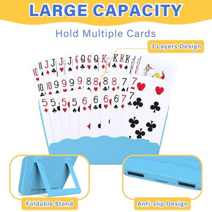 RESOVO Playing Cards Holders Stands Decks w/Foldable Tabletop Stand, 3 Layers Design for Poker UNO Cards, Playing Card Accessories, Set of 2 (1 Blue + 1 Yellow) - color: 1 Blue + 1 Yellow