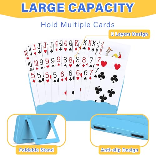 RESOVO Playing Cards Holders Stands Decks w/Foldable Tabletop Stand, 3 Layers Design for Poker UNO Cards, Playing Card Accessories, Set of 4 (2 Blue + 2 Yellow) - color: 2 Blue + 2 Yellow