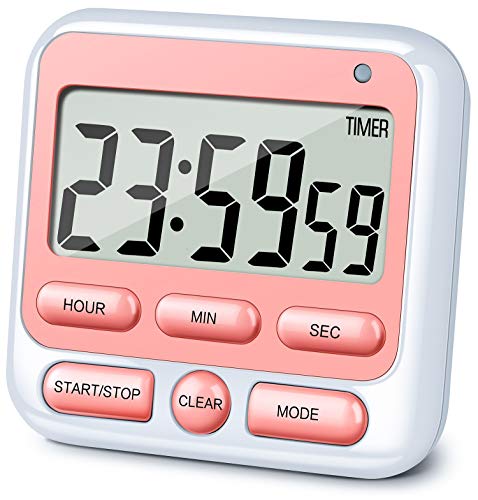 4-in-1 Digital Timer with Count Up/Down, Clock & Alarm, Ring & Silent Modes | Large 2.8-Inch easy-read LCD, On/Off switch, 24-Hour count up/down, Fast-forward function, Magnetic back, stand, hanging hole - color: Pink