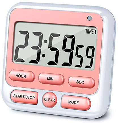 4-in-1 Digital Timer with Count Up/Down, Clock & Alarm, Ring & Silent Modes | Large 2.8-Inch easy-read LCD, On/Off switch, 24-Hour count up/down, Fast-forward function, Magnetic back, stand, hanging hole - color: Pink
