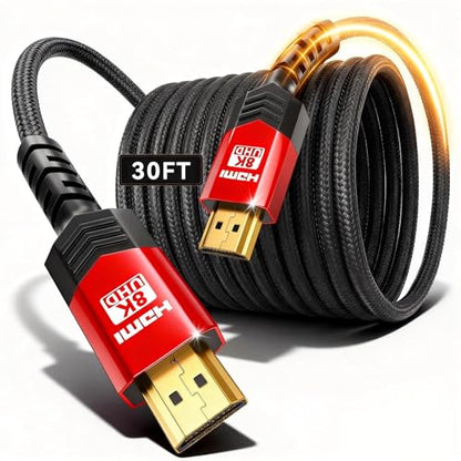 8K HDMI 2.1 Cable 30 FT,48Gbps Ultra High Speed Braided Gaming Cord Support 10K 8K@60Hz 4K@120Hz/144Hz HDCP 2.2&2.3 eARC DTS:X HDR10 VRR Compatible for RTX 5090/PS5/Xbox X/S/TV etc - size: 30 ft