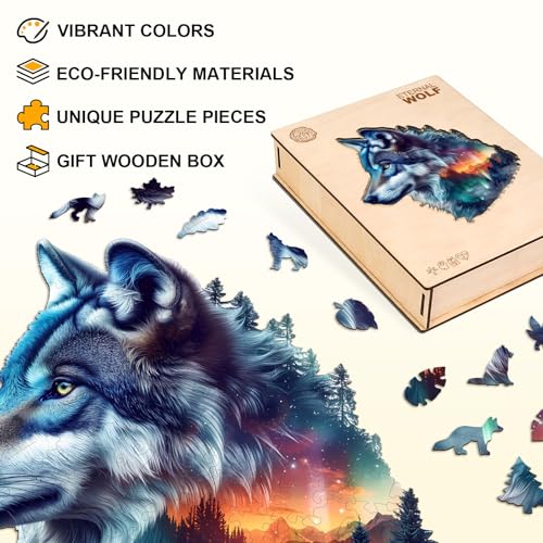 Wooden Puzzle for Adults-Aurora Wolf Wooden Puzzle Unique Shape Advanced Animal Jigsaw Puzzle for Adults, Best Gift, Wood Puzzles, Challenge Wooden Jigsaw Puzzle (M-11.4 * 11.0in-140pcs) - size: Medium