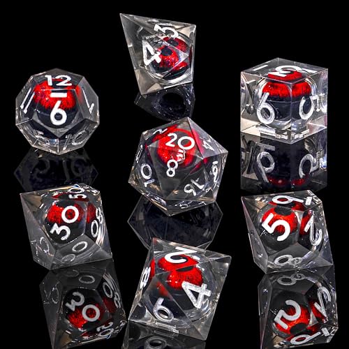 Beholder's Dragon Eye DND Dice Set, Liquid Core Cat Eye Sharp Edged Resin Dice for Dungeons and Dragons,7pcs RPG Polyhedral MTG Role Playing Dice D20 D12 D10 D8 D6 D4 with Gift Box(RedDark) - color: Red Dark Cat Eye
