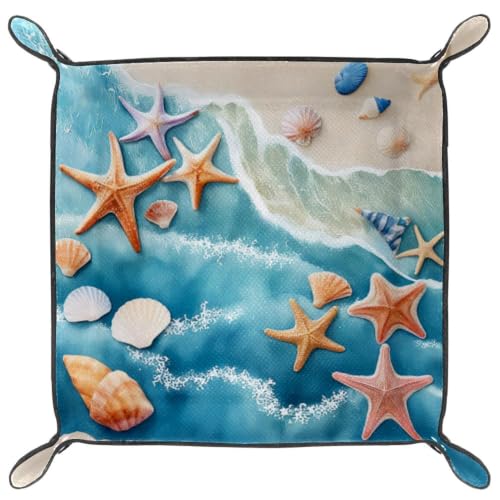 Beach Starfish Shells Dice Tray Folding Square PU Leather Dice Rolling Tray | Portable Dice Trays for Dice Games Like RPG, DND and Other Table Games, Folded 4.5x4.5x1.2inch - color: Beach Starfish Shells