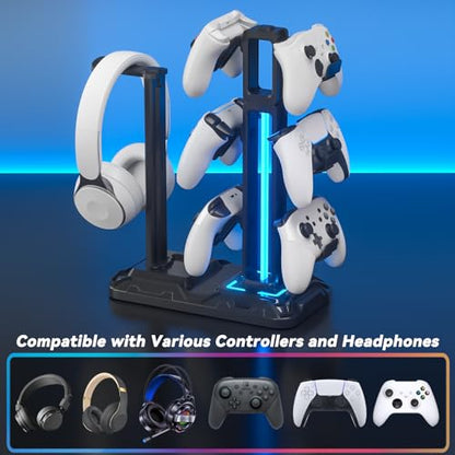 KDD RGB Multi-Controller Holder with 9 Light Modes - Rotatable Universal Headphone Hanger - Controller Stand with 6 Detachable Hooks for Desktop Gamer Accessories