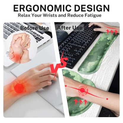 Britimes Green Cloud Keyboard Mouse Pad Set Forest Mountain Aesthetic 4in1 Large Mousepad+Keyboard Wrist Rest+Mouse Wrist Rest+Coaster Ergonomic Design for Home Office Computer 35.4x15.7 inches - color: Cat at the Window