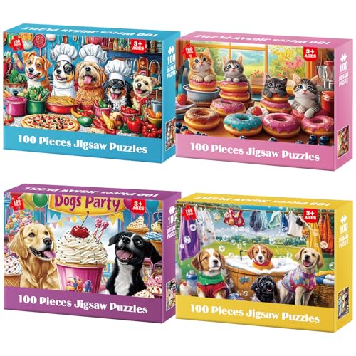 4-Pack 100 Piece Puzzles for Kids Ages 6-8 8-10 Year Old Large Piece Puzzles for Seniors 100 Pieces Jigsaw Puzzles for Kids Ages 4-6, Learning Educational Toys for Boys and Girls- Dogs Kittens Donuts - style: Cat Dog Donut