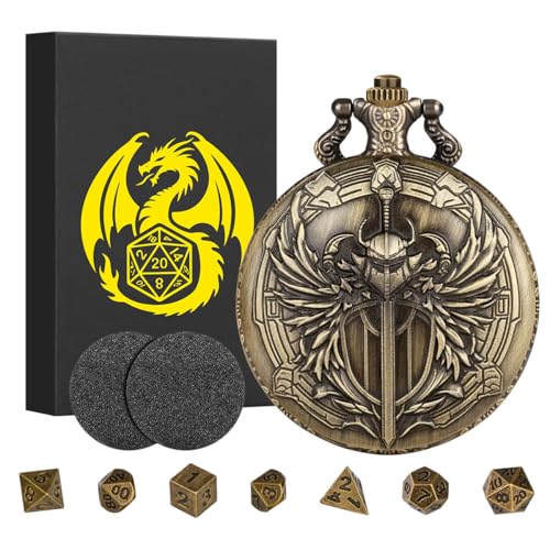 Mini DND Dice Set with Steampunk Paladin Pocket Watch Shell Case, DND Starter Set, 7pcs Polyhedral Mini Metal Dice Set, D&D Gifts with Gift Box, Role Playing Board Game Accessories,Bronze - color: Bronze + Gift Box