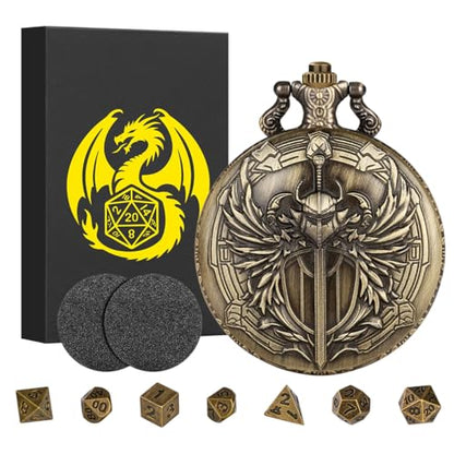 Mini DND Dice Set with Steampunk Paladin Pocket Watch Shell Case, DND Starter Set, 7pcs Polyhedral Mini Metal Dice Set, D&D Gifts with Gift Box, Role Playing Board Game Accessories,Bronze - color: Bronze + Gift Box