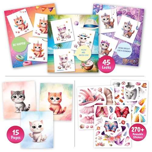 Sticker Dress Up Book for Girls Kitten Activity Ages 5-8 | Features 270+ reusable stickers and fashion design guides to spark creativity in children ages 5, 6, 7, and 8. - color: Dress Up - Kitten