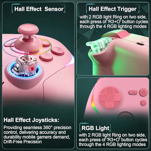 Megadream Phone Controller for PC/Switch 2|Swith/Android/iPad/Tablet/iPhone Controller - RGB light - Hall Effect Trigger/Joystick - Call of Duty, Roblox, Genshin Impact, Direct Play, Pink - color: Pink