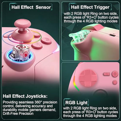 Megadream Phone Controller for PC/Switch 2|Swith/Android/iPad/Tablet/iPhone Controller - RGB light - Hall Effect Trigger/Joystick - Call of Duty, Roblox, Genshin Impact, Direct Play, Pink - color: Pink