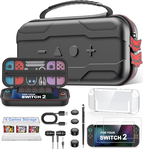 NinjaPlusOX Switch 2 Case Compatible with Nintendo Switch 2 (2025), 8 In 1 Switch 2 Accessories Set with Portable Hard Shell Carrying Case, 2 Pack Screen Protector, Protective Case, Game Card Slot - color: Black, size: L-8 In 1 Switch 2 Case Set