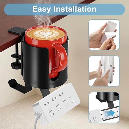 MYITYARD 3 in 1 Desk Cup Holder Clamp, Clip On Table Cup Holder with Headphone Hook & Power Strip Holder, Rotatable Water Bottle Drink Coffee Mug Organizer, Gaming Accessories for Home and Office - color: With Power Strip Holder