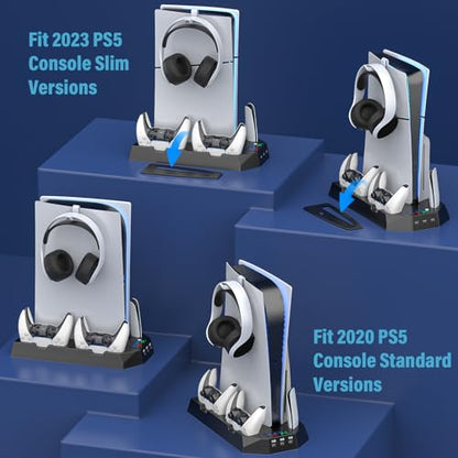 PS5 Slim Stand and Cooling Station with Controller Charging Station for Playsation 5 Slim&Standard Disc/Digital Console, PS5 Accessories Incl. Charger/Turbo Fan/3 USB Hub/Headset Holder - Black - color: WORK WITH PS5 Slim + PS5
