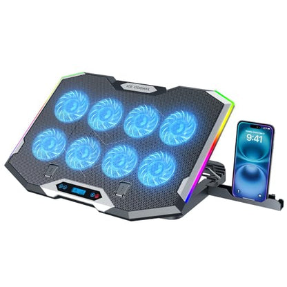 ICE COOREL Gaming Laptop Cooling Pad with 8 Cooling Fans, Laptop Fan Cooler Pad for 15-17.3 Inch, Notebook Cooler Stand with 6 Height Adjustable, RGB Cooling Pad with Two USB Port + Phone Stand - size: 8 Fans