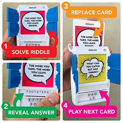 Riddles Travel Game - Guess 100 Riddles | Flash Cards with Slide Reveal Case | Card Game, Gift, Stocking Stuffer | Fun for Kids and Adults | Ages 6+ - style: Riddles