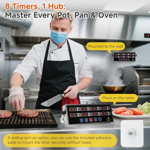 Commercial Kitchen Timer for Cooking, 8 Channel Timer Restaurant Kitchen Supplies, Heavy-Duty Timer - Stainless Steel | Digital LED Technology | Reminder Function | Loud Alarm - size: 8 channel