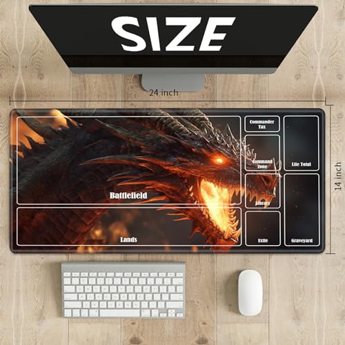 Board Game Mat TCG Playmat Plus 50 Pcs Card Sleeves, 24 x 14 inches Table Mats Games Mousepad with Zones Smooth Surface for MTG RPG CCG Trading Card Game Play Mats, Fiery Dragon - color: Fiery Dragon, size: Zone 1