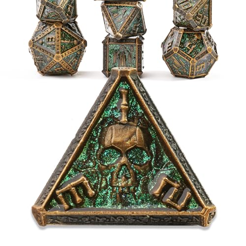 Metal DND Dice Set for D&D Dungeons and Dragons RPG Game Skull Wizard Theme Polyhedral Dice with Metal Gift Box for Dice Goblin Collectable Unique Skeleton Halloween Accessories (Green Brass) - color: Green Brass
