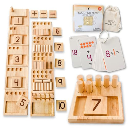 LITTLE BUD KIDS Counting Pegs - A Ten Frame Math Game with Addition and Subtraction Flash Cards, A Wooden Montessori Math Toy & Math Manipulatives Number Peg Boards for Kids 3 4 5 6 7
