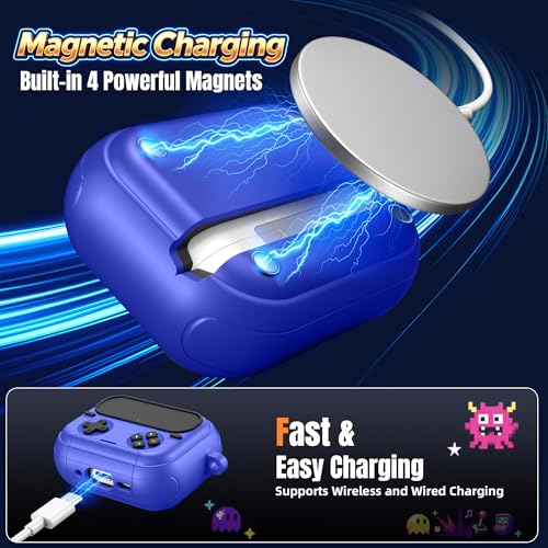 Getino Retro Game Case for AirPods Pro 3 | Game Console Design Protective Cover with Foldable Stand, Secure Lock Anti-Drop Shockproof PC+TPU Case, Keychain & Cleaning Kit for Men & Boys, Blue - color: Blue