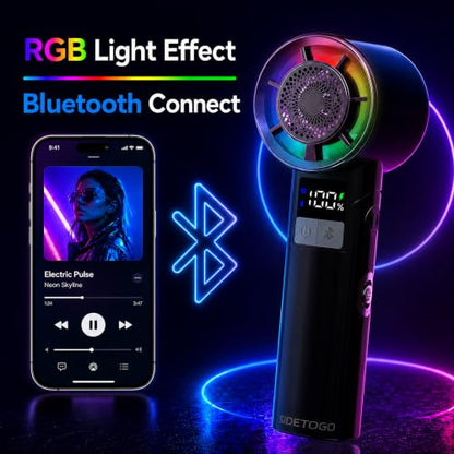 Portable Handheld Turbo Fan: 20000RPM Cooling - Bluetooth Speaker & 5000mAh | Stay Cool with Music - Foldable 4-in-1 Design - LED Display & RGB Lighting - 100 Speed Scroll Wheel - For Festivals Gifts - color: Matte Black