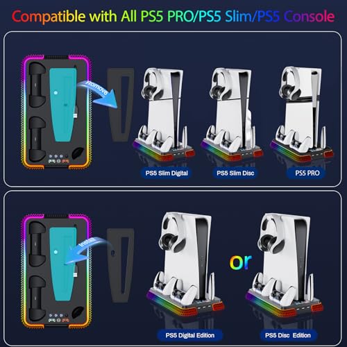 PS 5 Cooling Station, PS5/Slim/Pro Stand with Dual Charging Station for PlayStation5PRO, PS 5 Accessories Kits, Vertical Stand with 3 Levels Cooling Fan, Headset Holder for PlayStation5Digital/Disc - color: Piano-Black