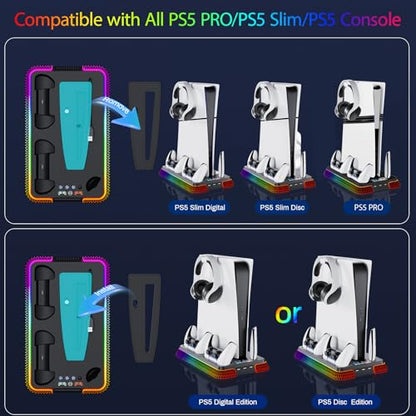 PS 5 Cooling Station, PS5/Slim/Pro Stand with Dual Charging Station for PlayStation5PRO, PS 5 Accessories Kits, Vertical Stand with 3 Levels Cooling Fan, Headset Holder for PlayStation5Digital/Disc - color: Piano-Black