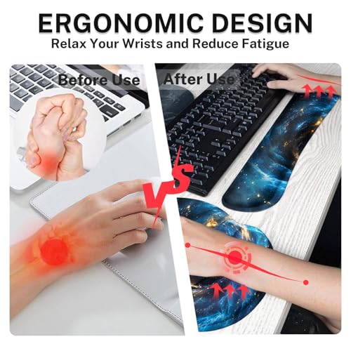 Ergonomic Mouse Pad Set with Wrist Rest, Galaxy Space | Blue Black Non-Slip Rubber Base Wrist Cushion Support and Coasters Mousepad with Wrist Support for Computer Keyboard - color: Blue Black Galaxy