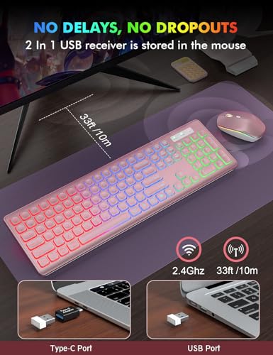 Wireless Keyboard and Mouse Combo, RGB Backlit, Trueque KM42Pro | RGB Rainbow Backlit, Rechargeable Keyboard Mouse, Sleep Mode, 2.4GHz Wireless, Silent Soft Typing, USB-C Adapter - color: Rose Pink