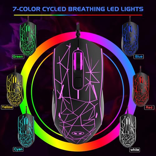 MageGee G6 Wired Gaming Mouse, Ergonomic USB Optical Mouse with 7 Colors Breathing LED Backlit, 6 Adjustable Speed Levels from 600 to 3200 for Laptop PC Computer Games & Work, Black - color: black