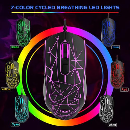 MageGee G6 Wired Gaming Mouse, Ergonomic USB Optical Mouse with 7 Colors Breathing LED Backlit, 6 Adjustable Speed Levels from 600 to 3200 for Laptop PC Computer Games & Work, Black - color: black