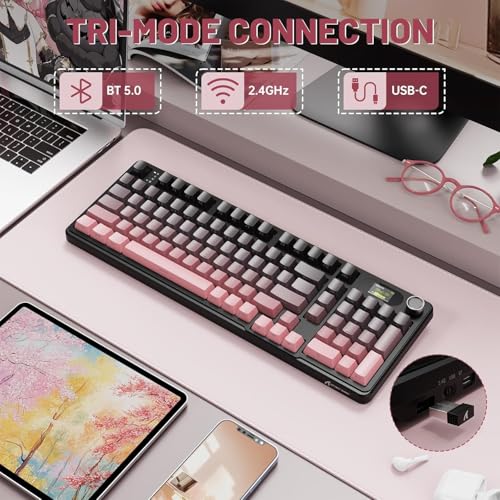 MAMBASNAKE Attack Shark X98 Pro Wireless Mechanical Keyboard with Screen & Knob, 2.4G/USB-C/BT5.0 Gasket Hot Swappable Creamy Keyboard102 Keys, Web Driver RGB Gaming Keyboard for PC/Mac/PS4/Xbox - color: Pink