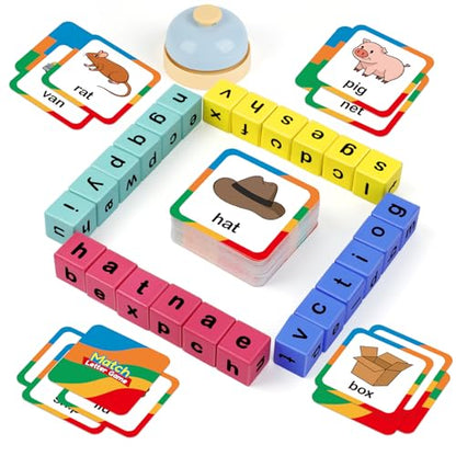 Edulok Word Race Cube - Preschool Wooden Alphabet Letter Blocks & Phonics Matching Games - CVC Word Learning Toys