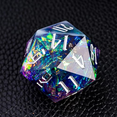 Cusdie Single D20 DND Dice with Sharp Edges and Glitter Foil Inclusions, 20 Sided D&D Dice, 33mm Handcrafted Polyhedral Dice, for Role Playing Game (Purple Blue) - color: Purple Blue