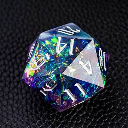 Cusdie Single D20 DND Dice with Sharp Edges and Glitter Foil Inclusions, 20 Sided D&D Dice, 33mm Handcrafted Polyhedral Dice, for Role Playing Game (Purple Blue) - color: Purple Blue