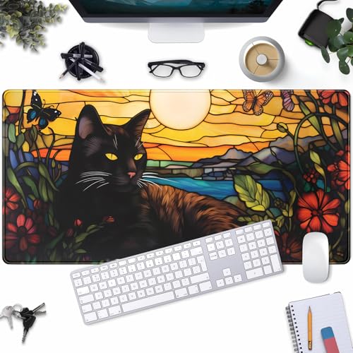 Black Cat Desk Mat Retro Flower Mouse Pad Large Mousepad, Enamel Aesthetic Gaming Mouse Pad Boho Desk Pad Large Decor Computer Mat, with Stitched Eges Non-Slip Base Mouse Pads Accessories 31.5"x15.7" - color: Black Cat
