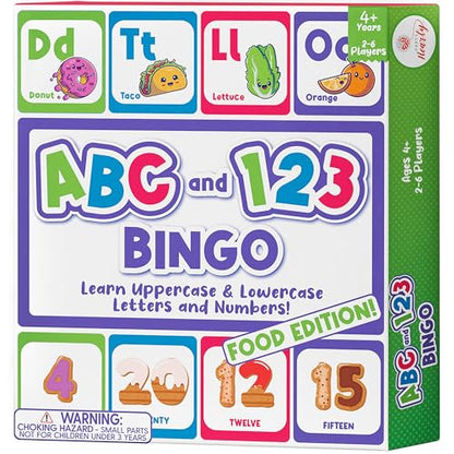 Party Hearty ABC & 123 Bingo Game for Kindergarten & Preschool - Foods | Food Edition, Alphabet and Number, Preschool Kids Learn to Read, Ages 4 and Up - color: Food Edition