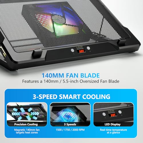 G-STORY Gaming Laptop Cooling Pad with Movable Fan and Automatic Speed Adjustable by Temperature,Music Sync RGB Light,Low Noise Laptop Cooler 3 Speed 1500/1750/2000RPM(140MM) Stand 12–17.3" Notebook