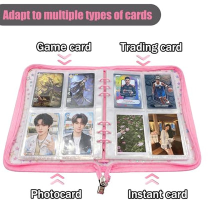 A5 Kpop Photocard Binder Holder with 50 Sheets Double Sided Sleeves for Polaroid Instax Mini Photo Album Zip Book Game Trading Sports Baseball Card Binder 6 Ring 4 Pocket Collector (Pink) - color: Pink