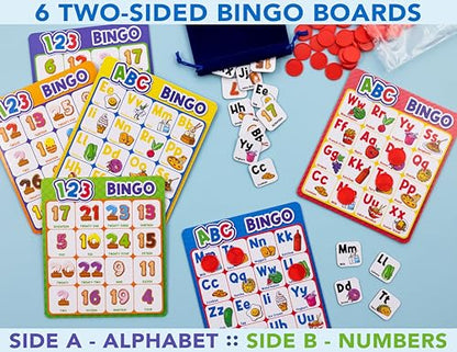 Party Hearty ABC & 123 Bingo Game for Kindergarten & Preschool - Foods | Food Edition, Alphabet and Number, Preschool Kids Learn to Read, Ages 4 and Up - color: Food Edition