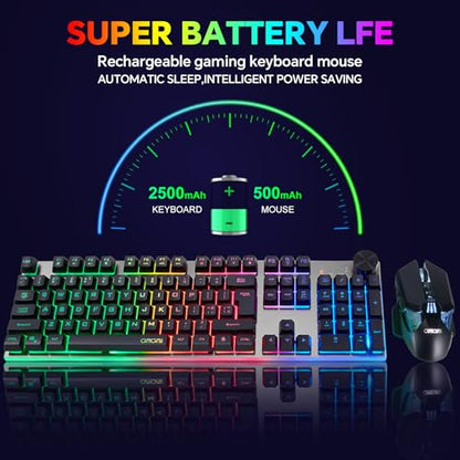 Wireless Gaming Keyboard with knob and Mouse Combo USB Dongle 2.4G Rechargeable 3000mAH Battery RGB Backlit Stainless Panel 4200DPI Side Button Mice for PC Laptop Compatible with Windows 8/9/10 MacOS